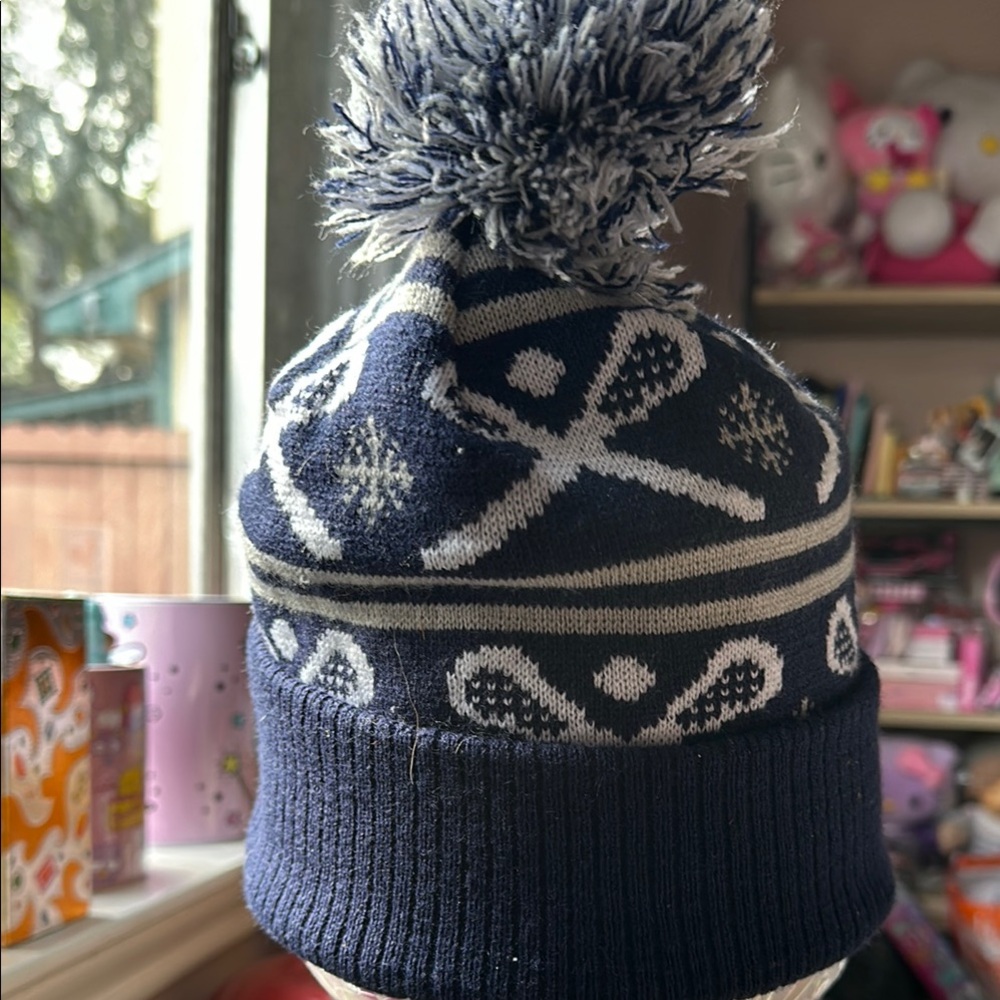 Navy and White Kids Pom-Pom Beanie